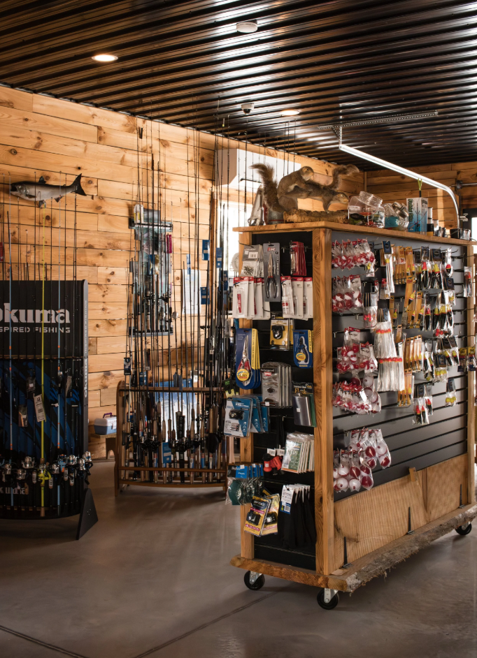 Rod and lure displays inside a tackle shop