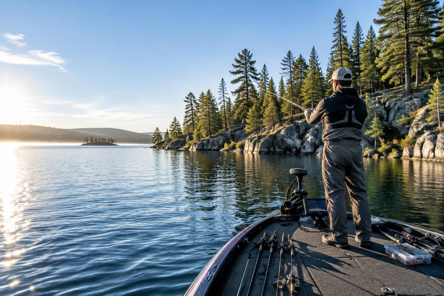 Angler fishing from a boat on a pine-lined lake